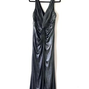 Tadashi Collection Grey Gunmetal Shimmer V Neck Front Slit Sleeveless Gown Large